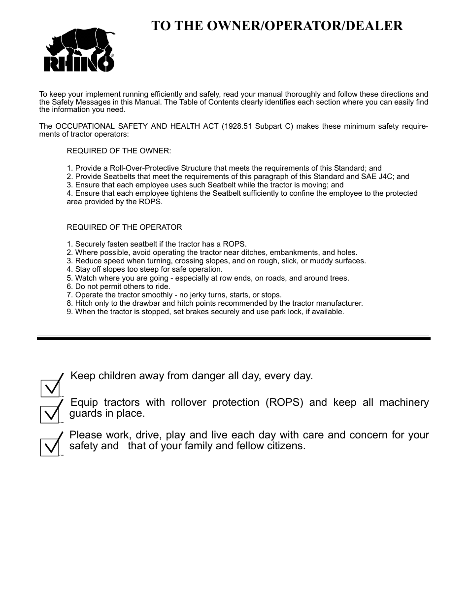Keep children away from danger all day, every day, To the owner/operator/dealer | Servis-Rhino RC-12 User Manual | Page 93 / 94