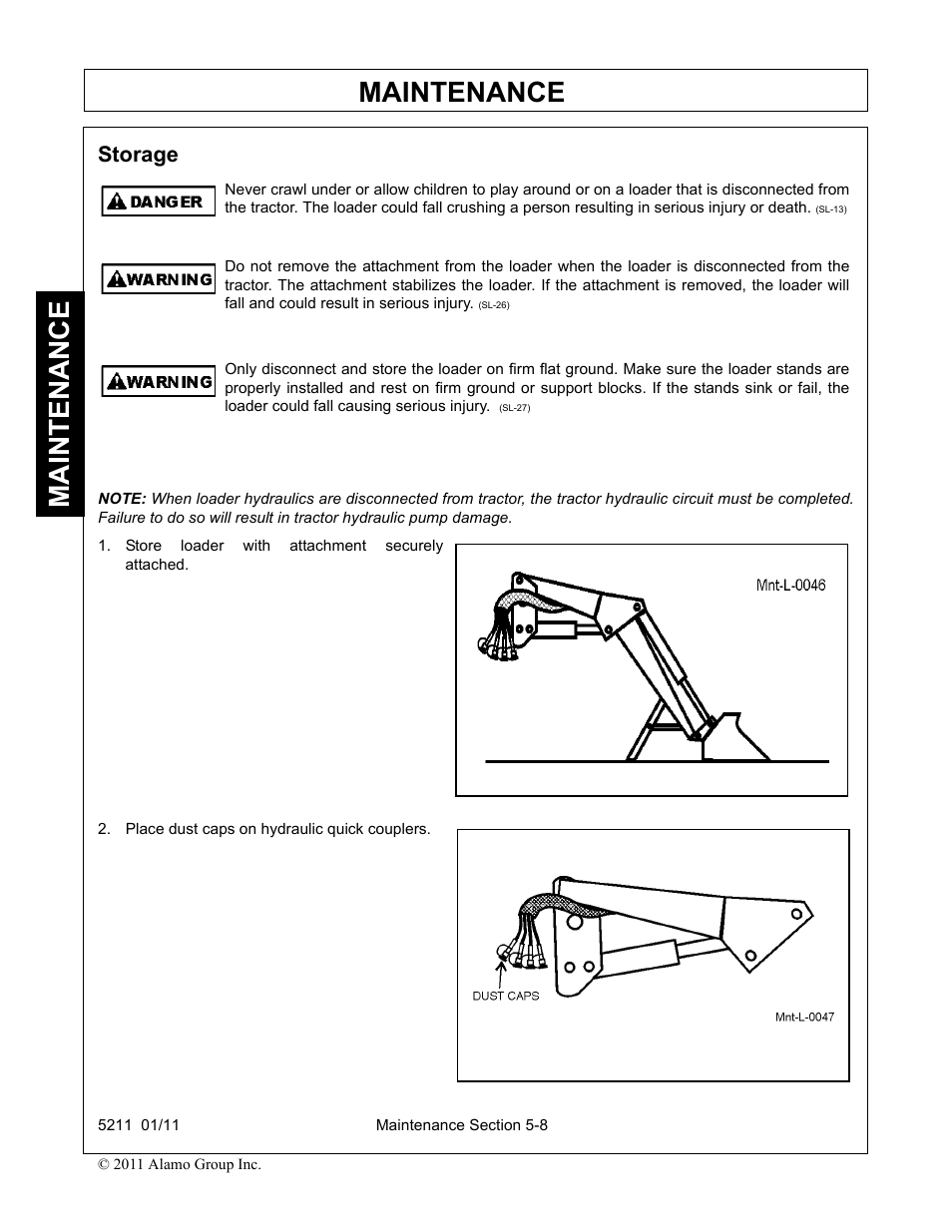 Storage, Store loader with attachment securely attached, Place dust caps on hydraulic quick couplers | Storage -8, Maintenance | Servis-Rhino 5211 User Manual | Page 100 / 108