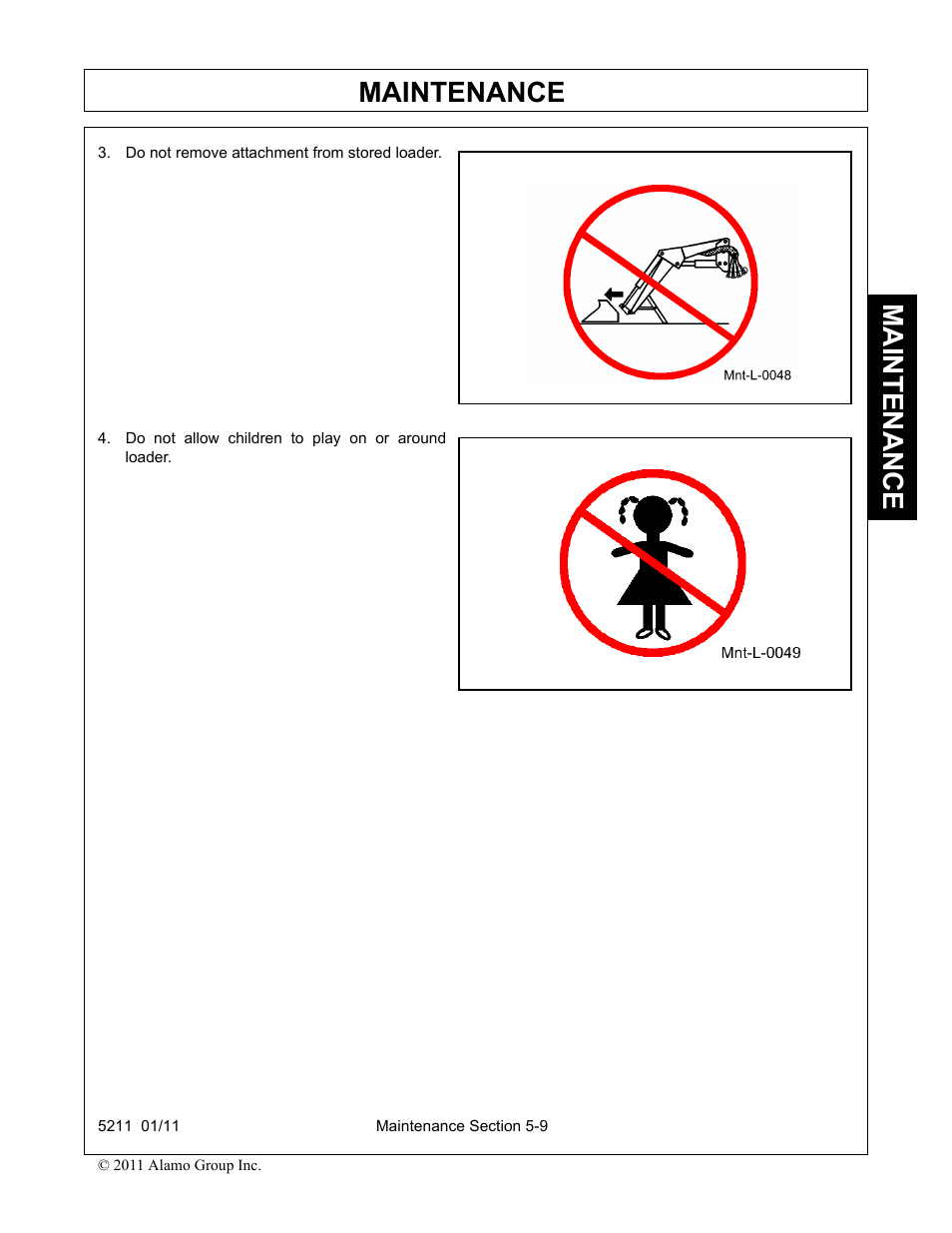 Do not remove attachment from stored loader, Do not allow children to play on or around loader, Maintenance | Servis-Rhino 5211 User Manual | Page 101 / 108