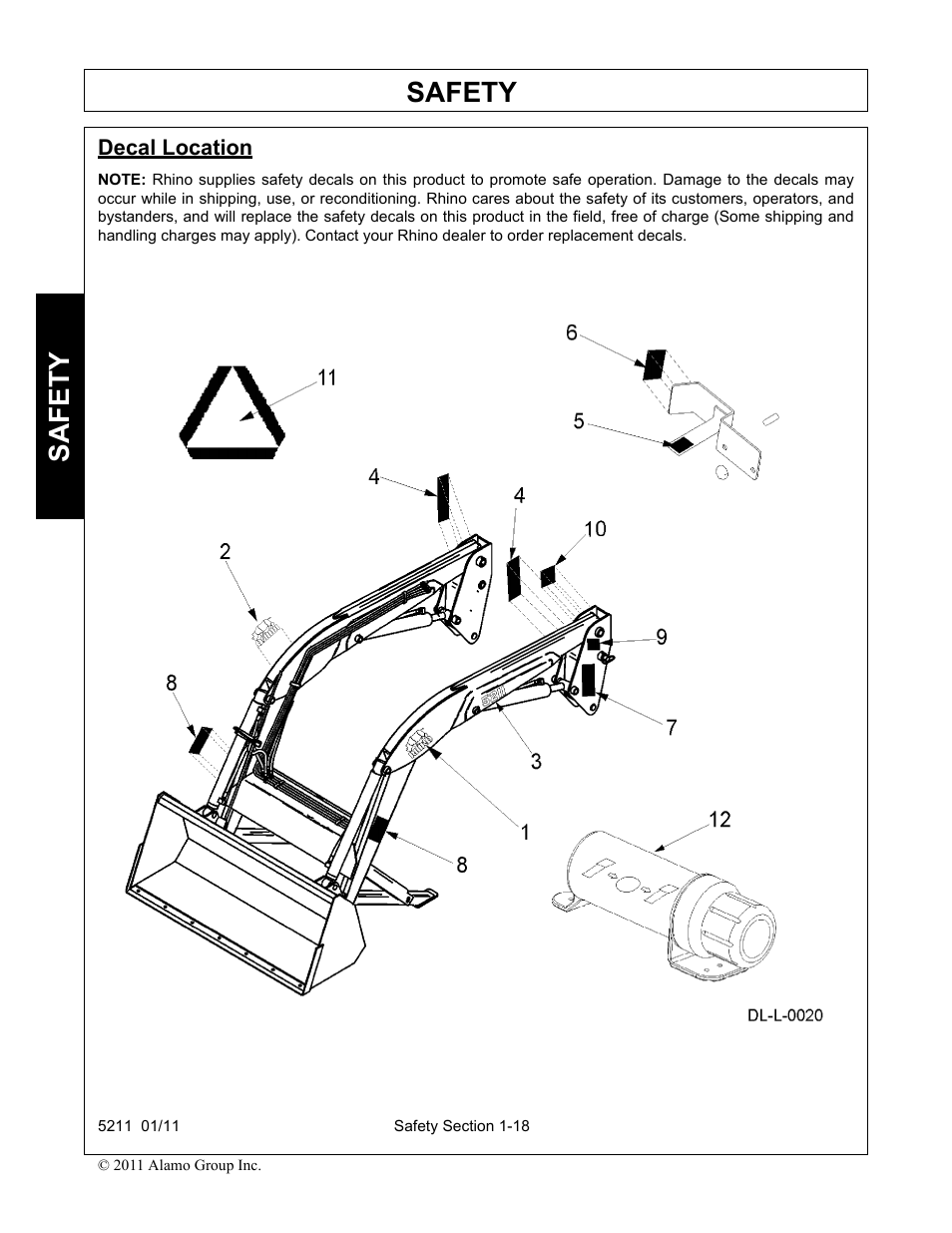 Decal location, Decal location -18, Safety | Servis-Rhino 5211 User Manual | Page 22 / 108