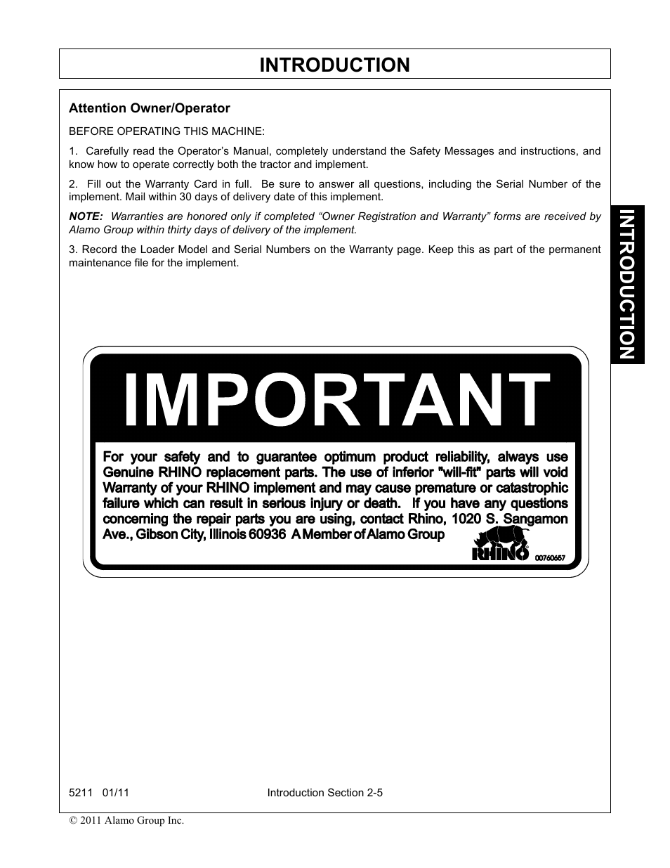 Attention owner/operator, Introduction | Servis-Rhino 5211 User Manual | Page 35 / 108