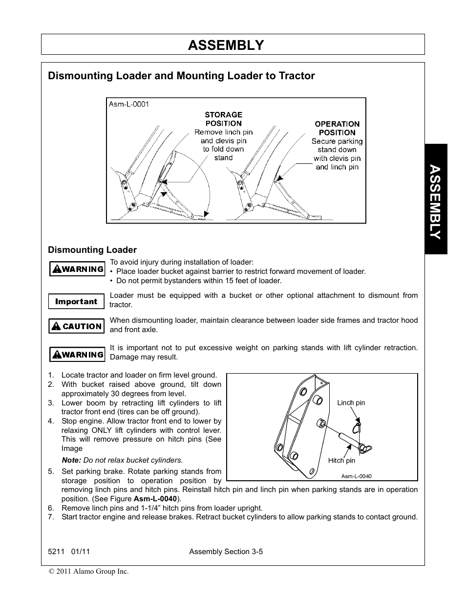 Dismounting loader and mounting loader to tractor, Dismounting loader, Locate tractor and loader on firm level ground | Assembly, Assembl y | Servis-Rhino 5211 User Manual | Page 41 / 108