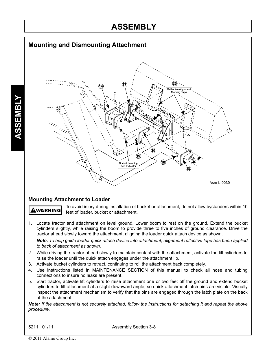 Mounting and dismounting attachment, Mounting attachment to loader, Assembly | Assembl y | Servis-Rhino 5211 User Manual | Page 44 / 108