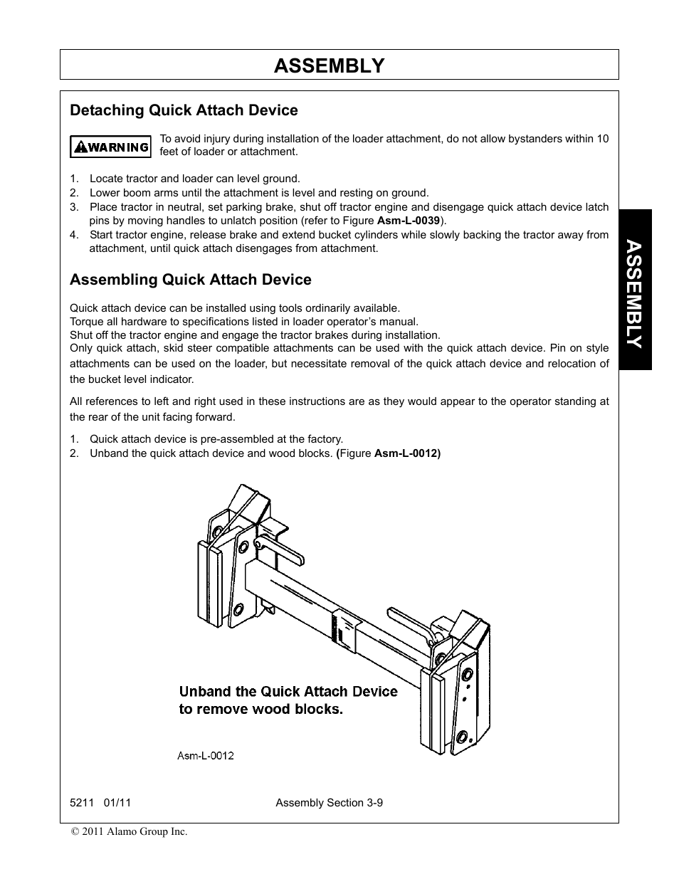 Detaching quick attach device, Locate tractor and loader can level ground, Assembling quick attach device | Assembly, Assembl y | Servis-Rhino 5211 User Manual | Page 45 / 108