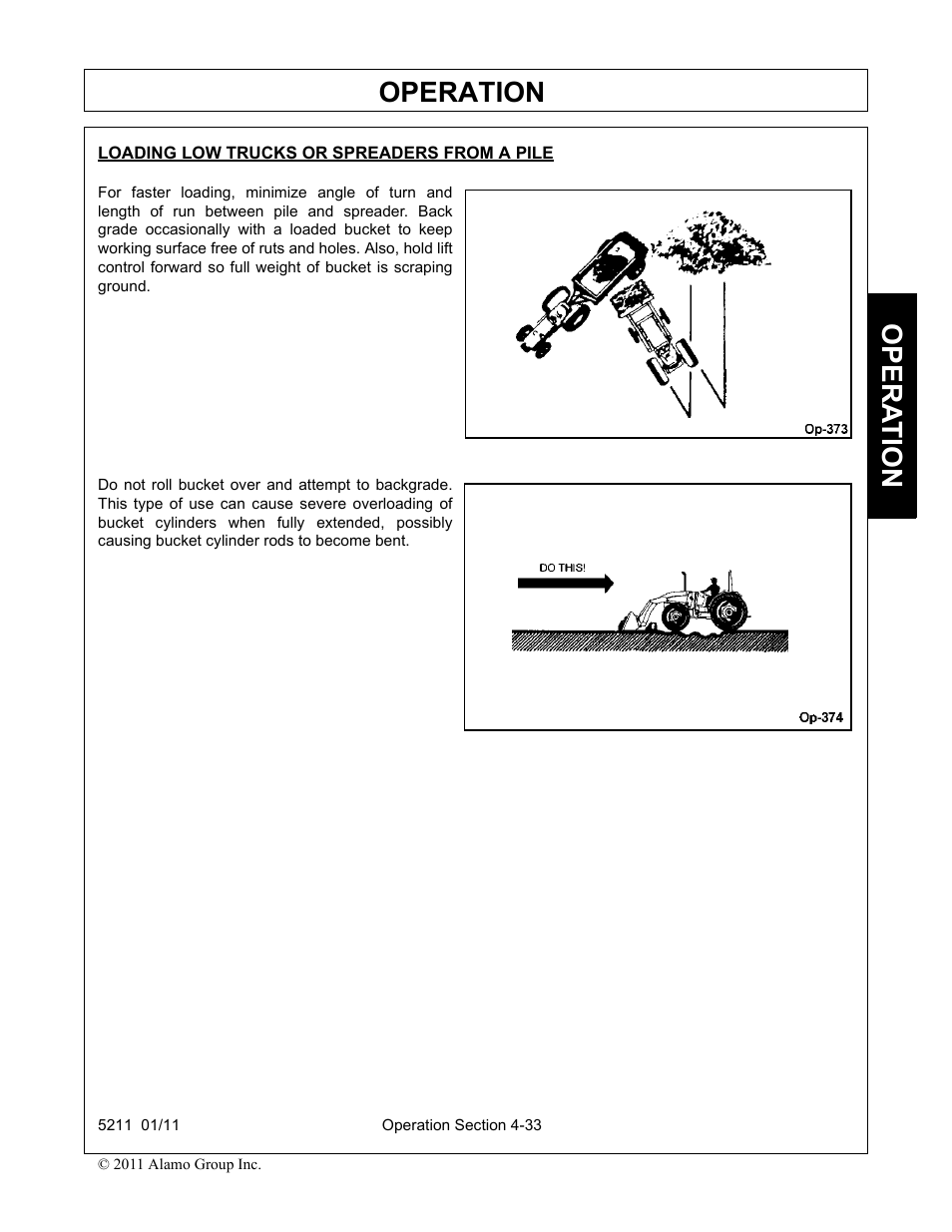 Loading low trucks or spreaders from a pile, Operation, Opera t ion | Servis-Rhino 5211 User Manual | Page 81 / 108