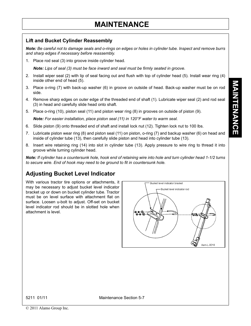 Lift and bucket cylinder reassembly, Adjusting bucket level indicator, Maintenance | Servis-Rhino 5211 User Manual | Page 99 / 108
