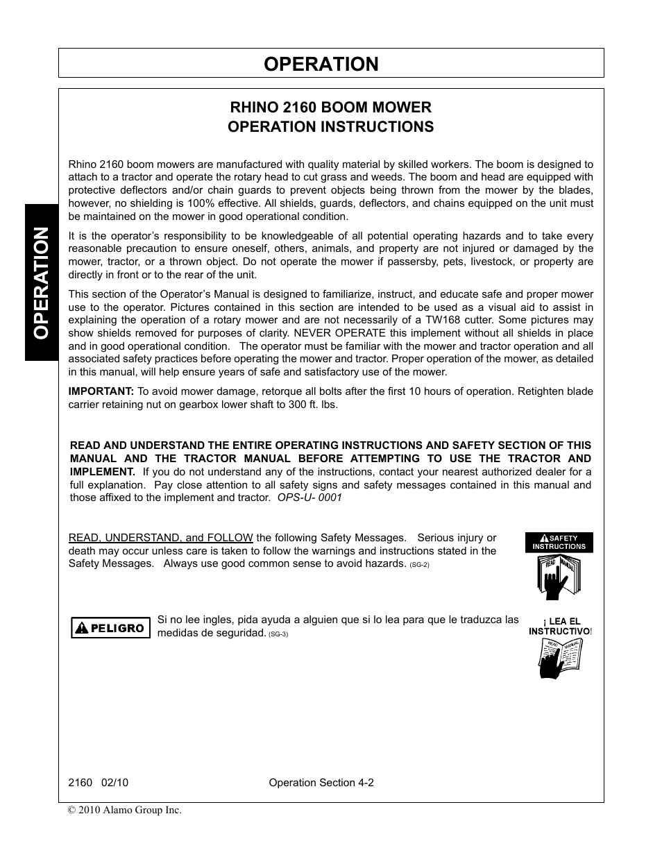 Rhino 2160 boom mower, Operation instructions, Operation | Opera t ion | Servis-Rhino 2160 User Manual | Page 100 / 152