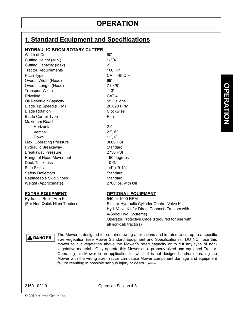 Standard equipment and specifications, Hydraulic boom rotary cutter, Extra equipment optional equipment | Standard equipment and specifications -3, Operation, Opera t ion | Servis-Rhino 2160 User Manual | Page 101 / 152