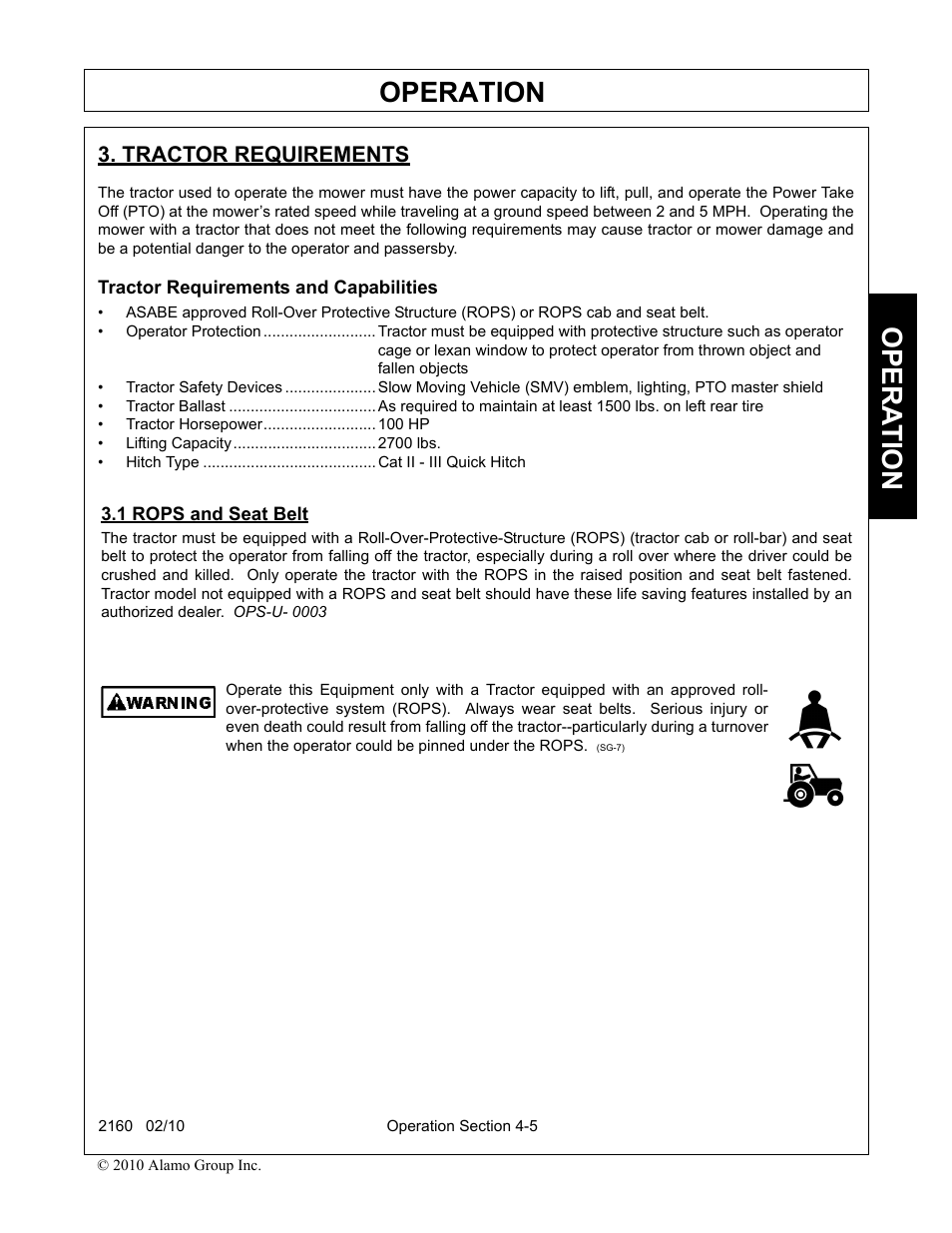 Tractor requirements, 1 rops and seat belt, Tractor requirements -5 rops and seat belt -5 | Operation, Opera t ion | Servis-Rhino 2160 User Manual | Page 103 / 152
