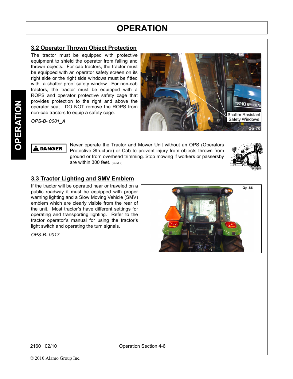 2 operator thrown object protection, 3 tractor lighting and smv emblem, Operation | Opera t ion | Servis-Rhino 2160 User Manual | Page 104 / 152