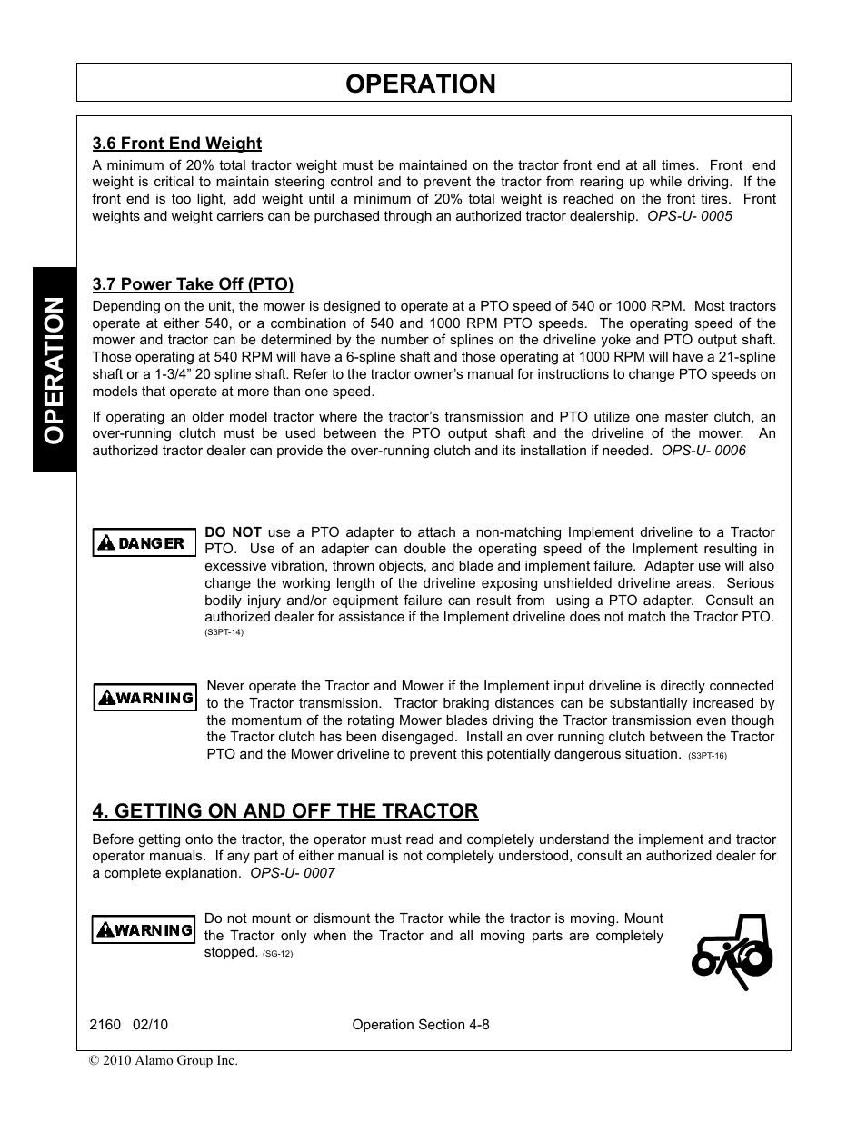 6 front end weight, 7 power take off (pto), Getting on and off the tractor | Operation, Opera t ion | Servis-Rhino 2160 User Manual | Page 106 / 152