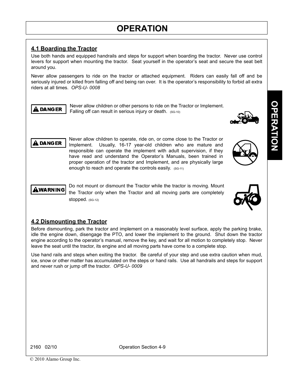 1 boarding the tractor, 2 dismounting the tractor, Boarding the tractor -9 dismounting the tractor -9 | Operation, Opera t ion | Servis-Rhino 2160 User Manual | Page 107 / 152