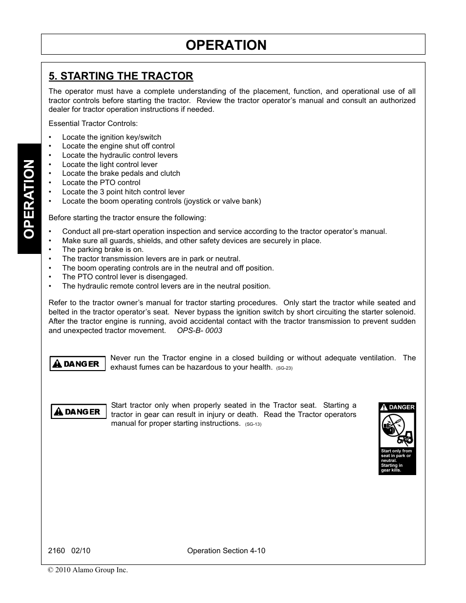 Starting the tractor, Starting the tractor -10, Operation | Opera t ion | Servis-Rhino 2160 User Manual | Page 108 / 152