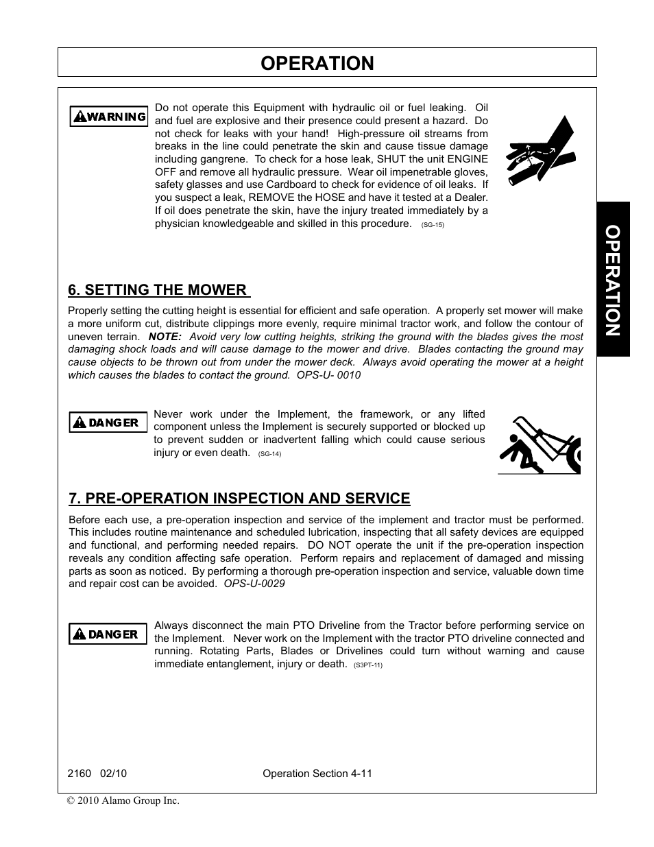 Setting the mower, Pre-operation inspection and service, Operation | Opera t ion | Servis-Rhino 2160 User Manual | Page 109 / 152
