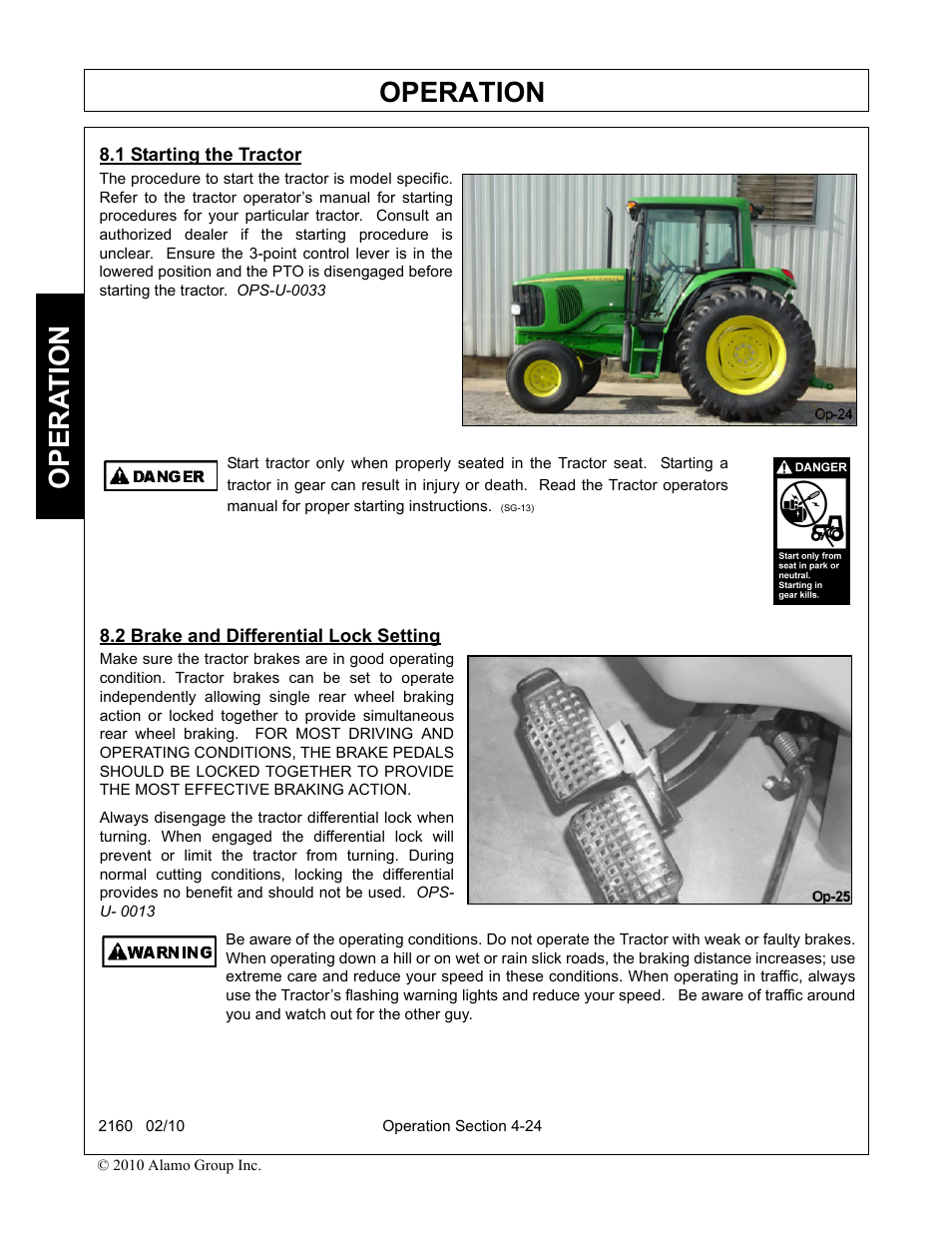 1 starting the tractor, 2 brake and differential lock setting, Operation | Opera t ion | Servis-Rhino 2160 User Manual | Page 122 / 152