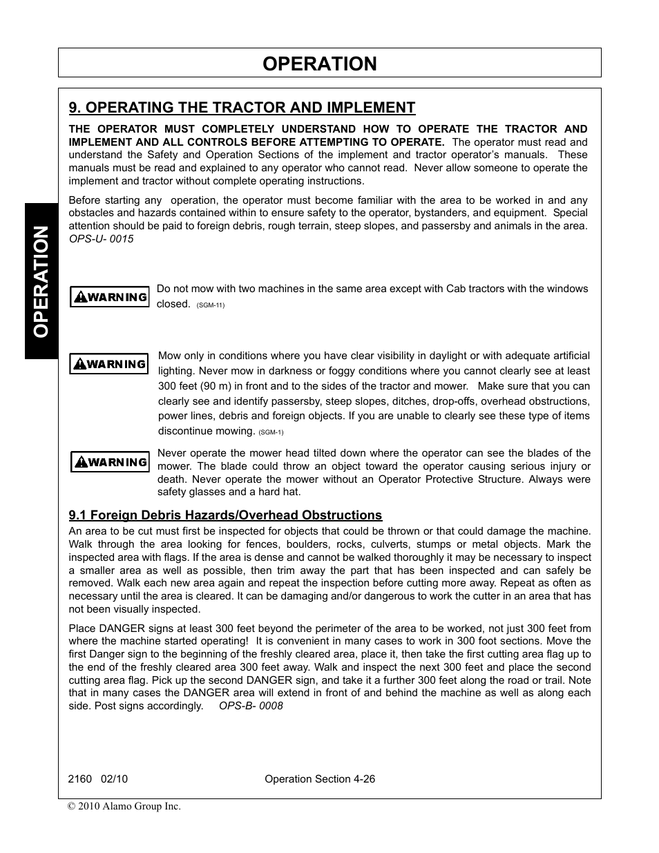 Operating the tractor and implement, 1 foreign debris hazards/overhead obstructions, Operation | Opera t ion | Servis-Rhino 2160 User Manual | Page 124 / 152