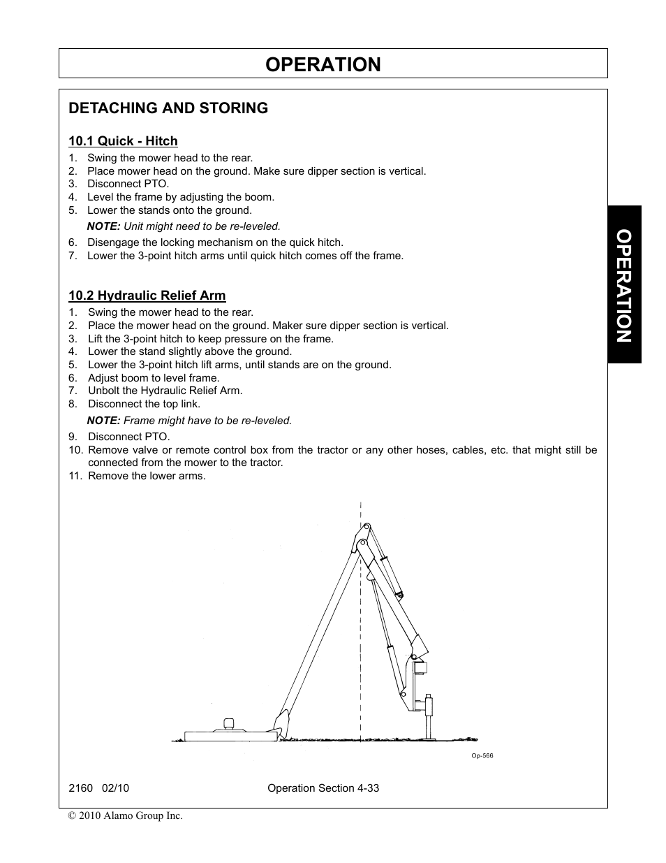 Detaching and storing, 1 quick - hitch, Swing the mower head to the rear | Disconnect pto, Level the frame by adjusting the boom, Lower the stands onto the ground, Disengage the locking mechanism on the quick hitch, 2 hydraulic relief arm, Lower the stand slightly above the ground, Adjust boom to level frame | Servis-Rhino 2160 User Manual | Page 131 / 152