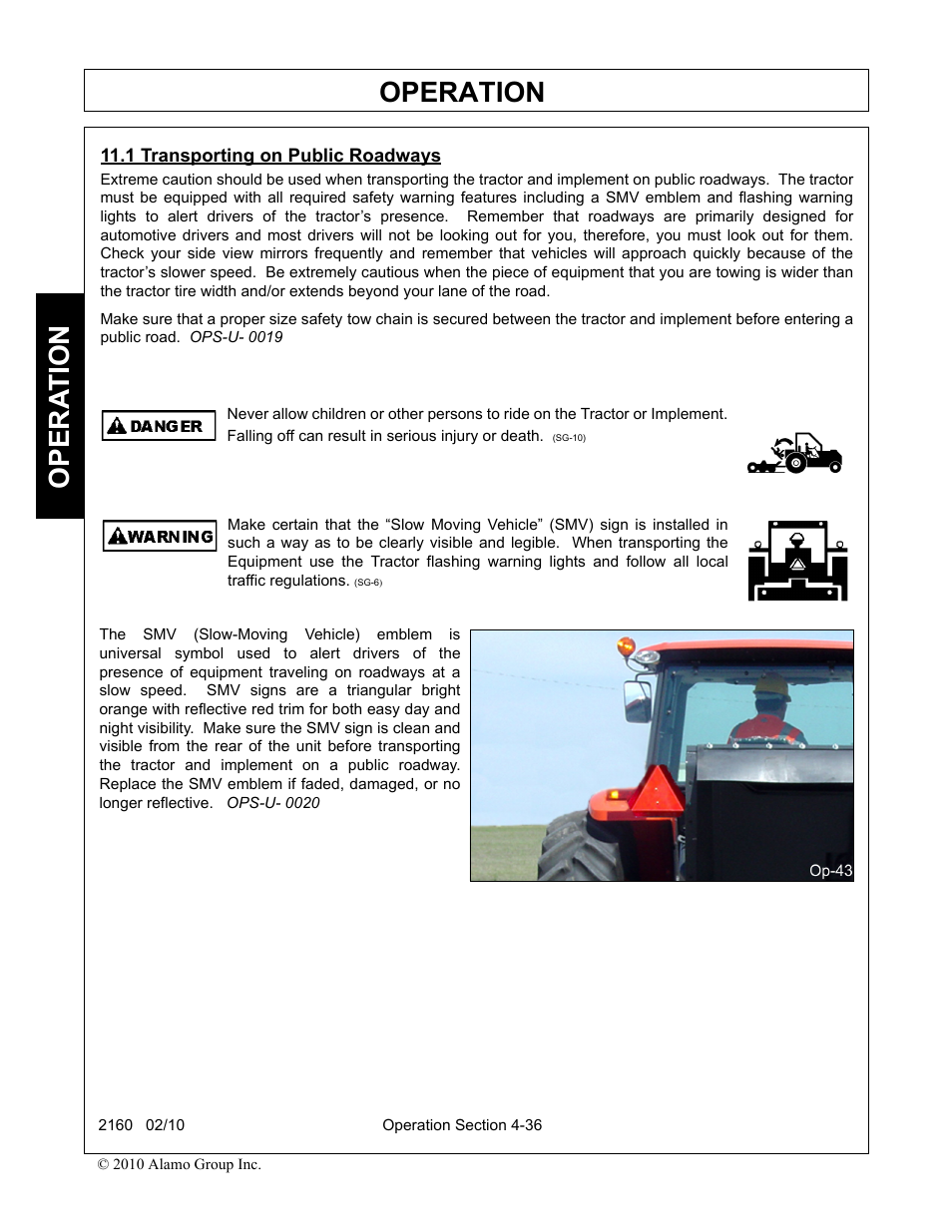 1 transporting on public roadways, Transporting on public roadways -37, Operation | Opera t ion | Servis-Rhino 2160 User Manual | Page 134 / 152