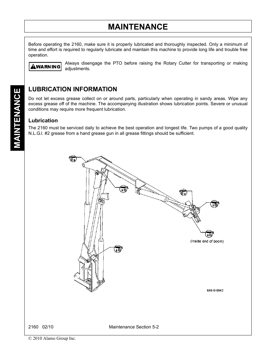 Lubrication information, Lubrication, Maintenance | Servis-Rhino 2160 User Manual | Page 140 / 152