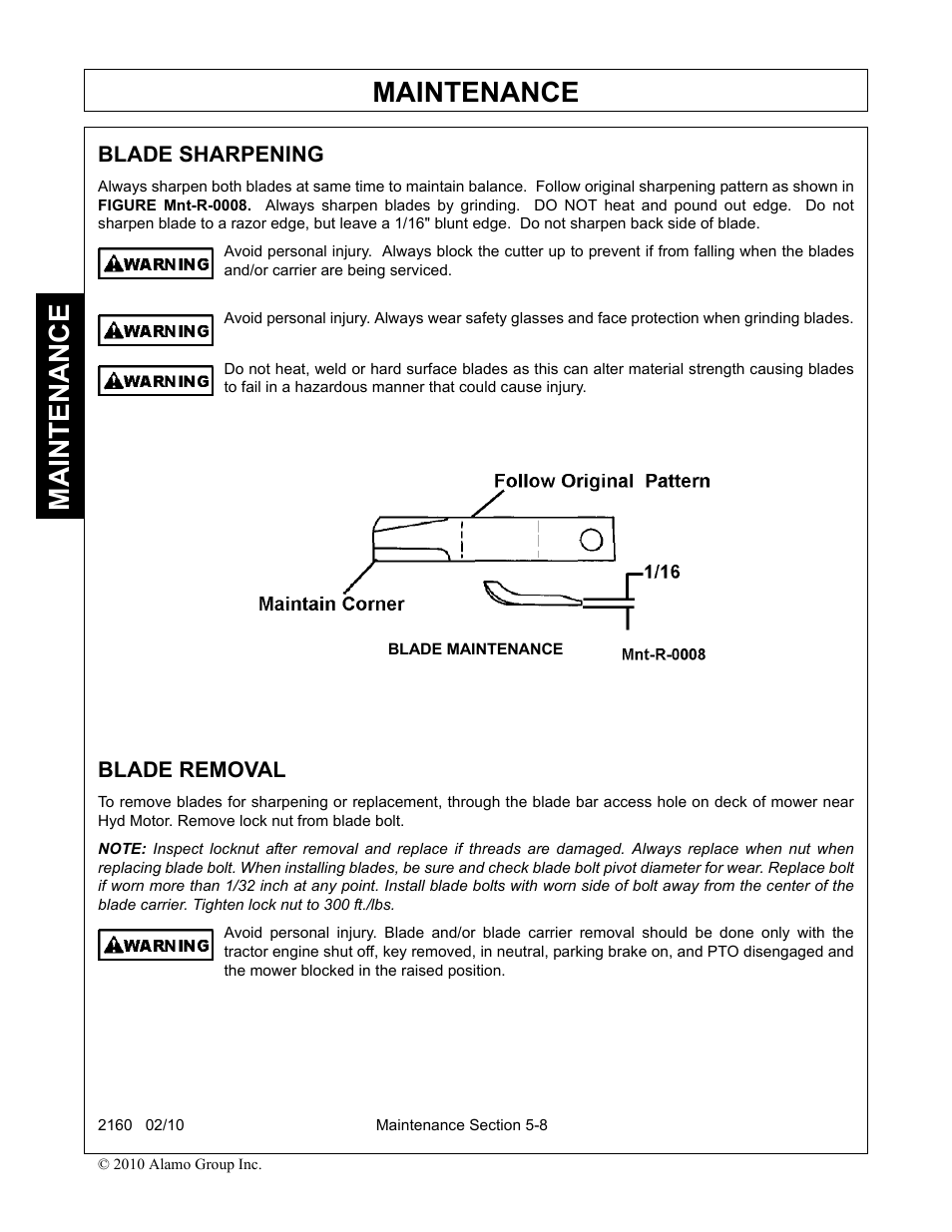 Blade sharpening, Blade removal, Maintenance | Servis-Rhino 2160 User Manual | Page 146 / 152