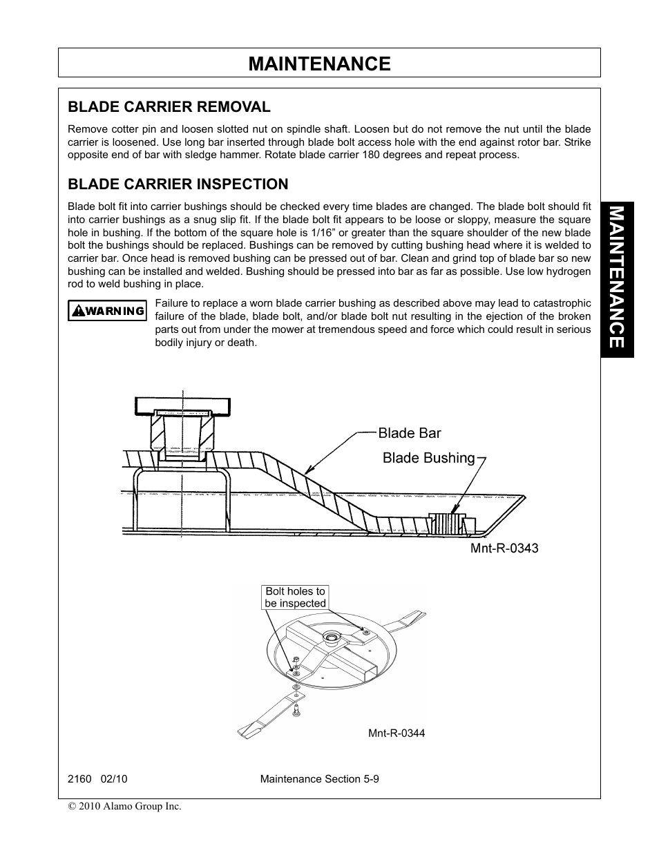 Blade carrier removal, Blade carrier inspection, Maintenance | Servis-Rhino 2160 User Manual | Page 147 / 152