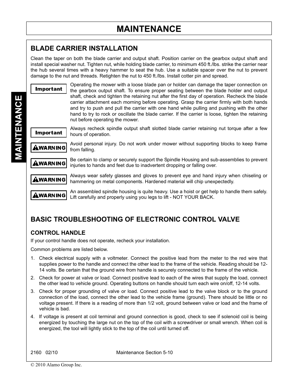 Blade carrier installation, Basic troubleshooting of electronic control valve, Control handle | Maintenance | Servis-Rhino 2160 User Manual | Page 148 / 152