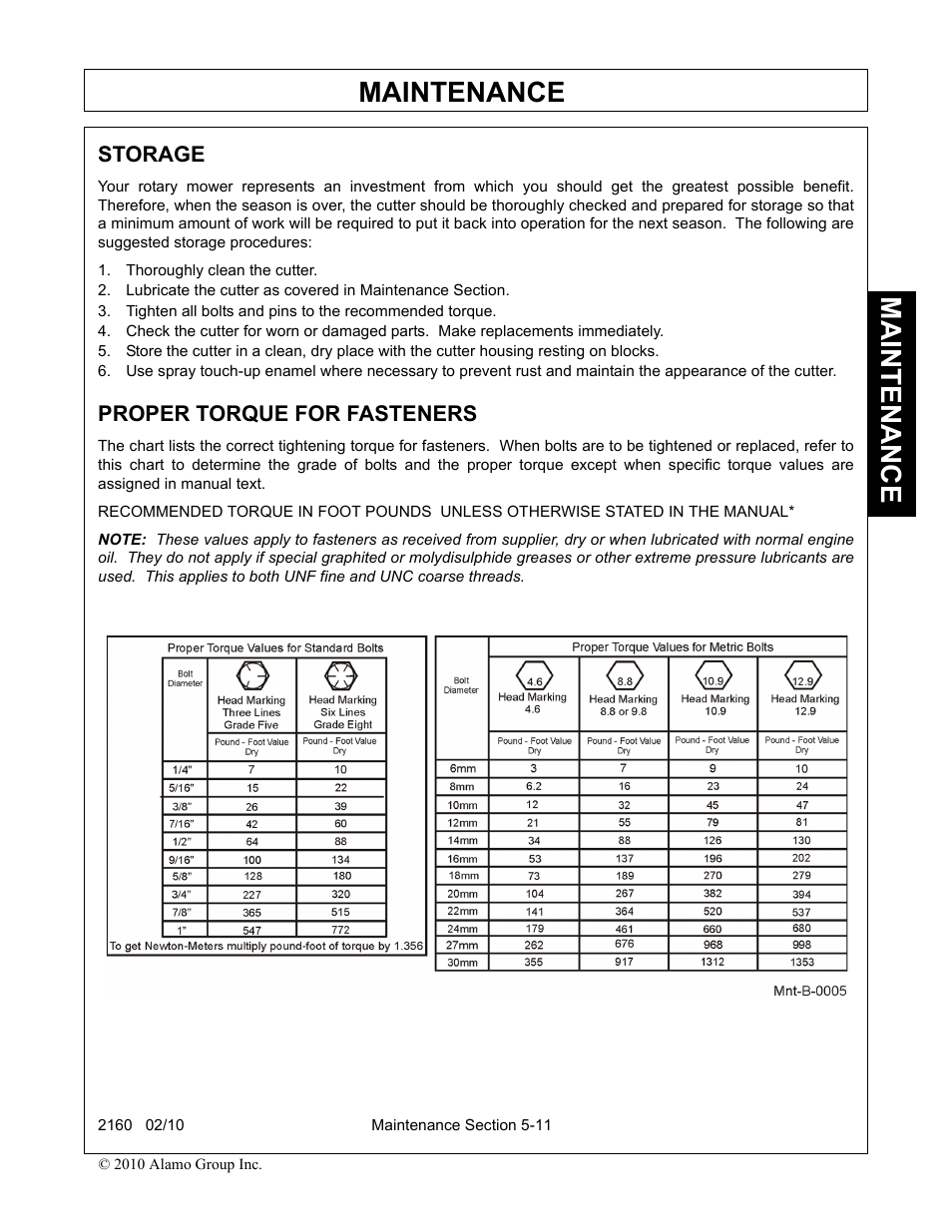 Storage, Thoroughly clean the cutter, Proper torque for fasteners | Maintenance | Servis-Rhino 2160 User Manual | Page 149 / 152