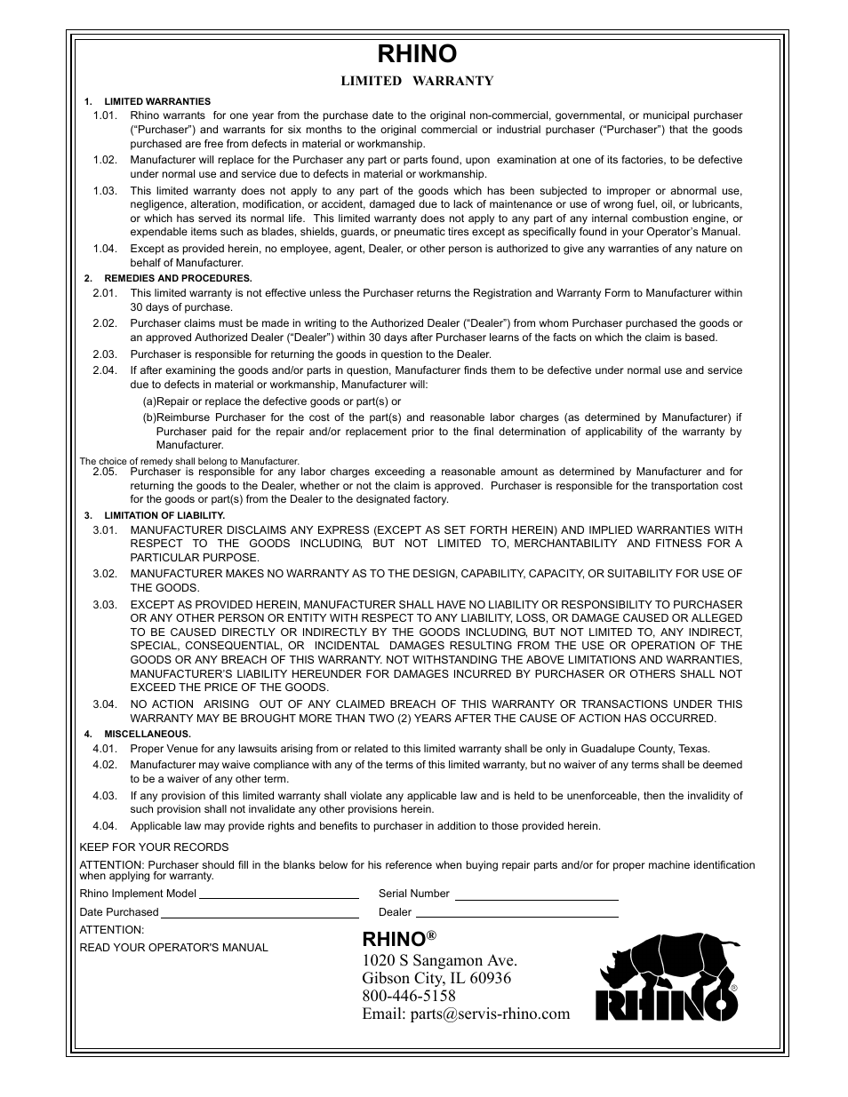 Rhino, Limited warranty, Limited warranties | Remedies and procedures, Limitation of liability, Miscellaneous | Servis-Rhino 2160 User Manual | Page 150 / 152