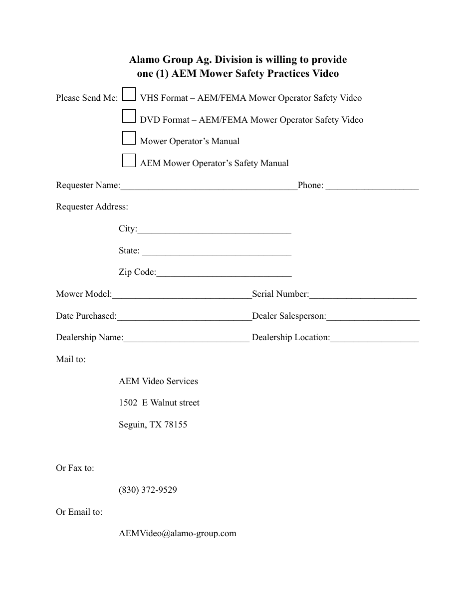 Alamo group ag. division is willing to provide, One (1) aem mower safety practices video | Servis-Rhino 2160 User Manual | Page 4 / 152