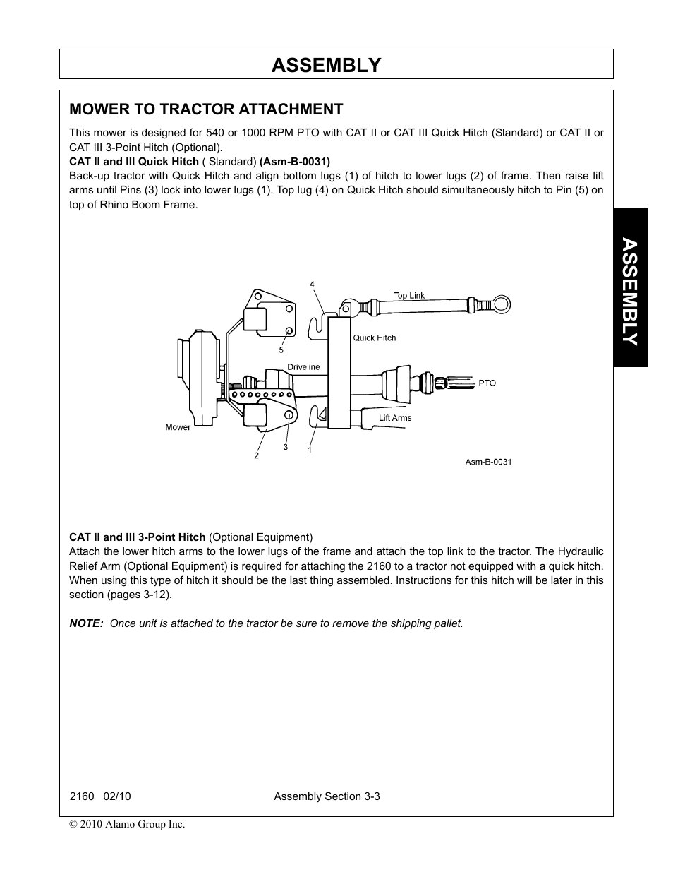 Mower to tractor attachment, Mower to tractor attachment -3, Assembly | Assembl y | Servis-Rhino 2160 User Manual | Page 85 / 152
