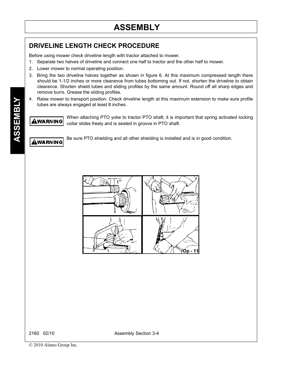 Driveline length check procedure, Lower mower to normal operating position, Driveline length check procedure -4 | Assembly, Assembl y | Servis-Rhino 2160 User Manual | Page 86 / 152