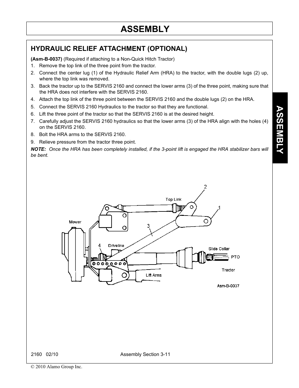 Hydraulic relief attachment (optional), Bolt the hra arms to the servis 2160, Relieve pressure from the tractor three point | Hydraulic relief attachment (optional) -11, Assembly, Assembl y | Servis-Rhino 2160 User Manual | Page 93 / 152