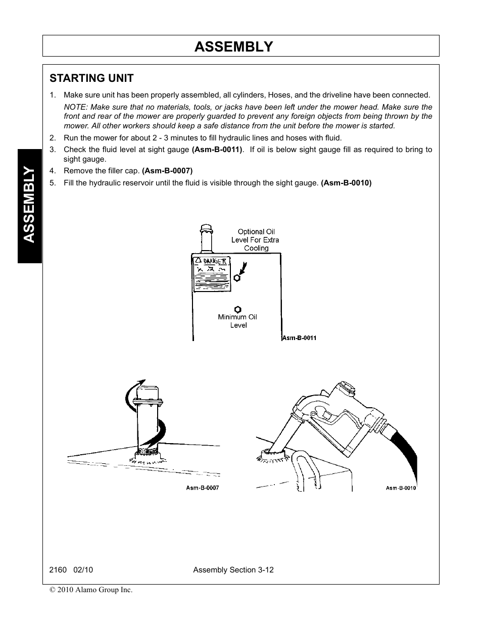Starting unit, Remove the filler cap. (asm-b-0007), Starting unit -12 | Assembly, Assembl y | Servis-Rhino 2160 User Manual | Page 94 / 152