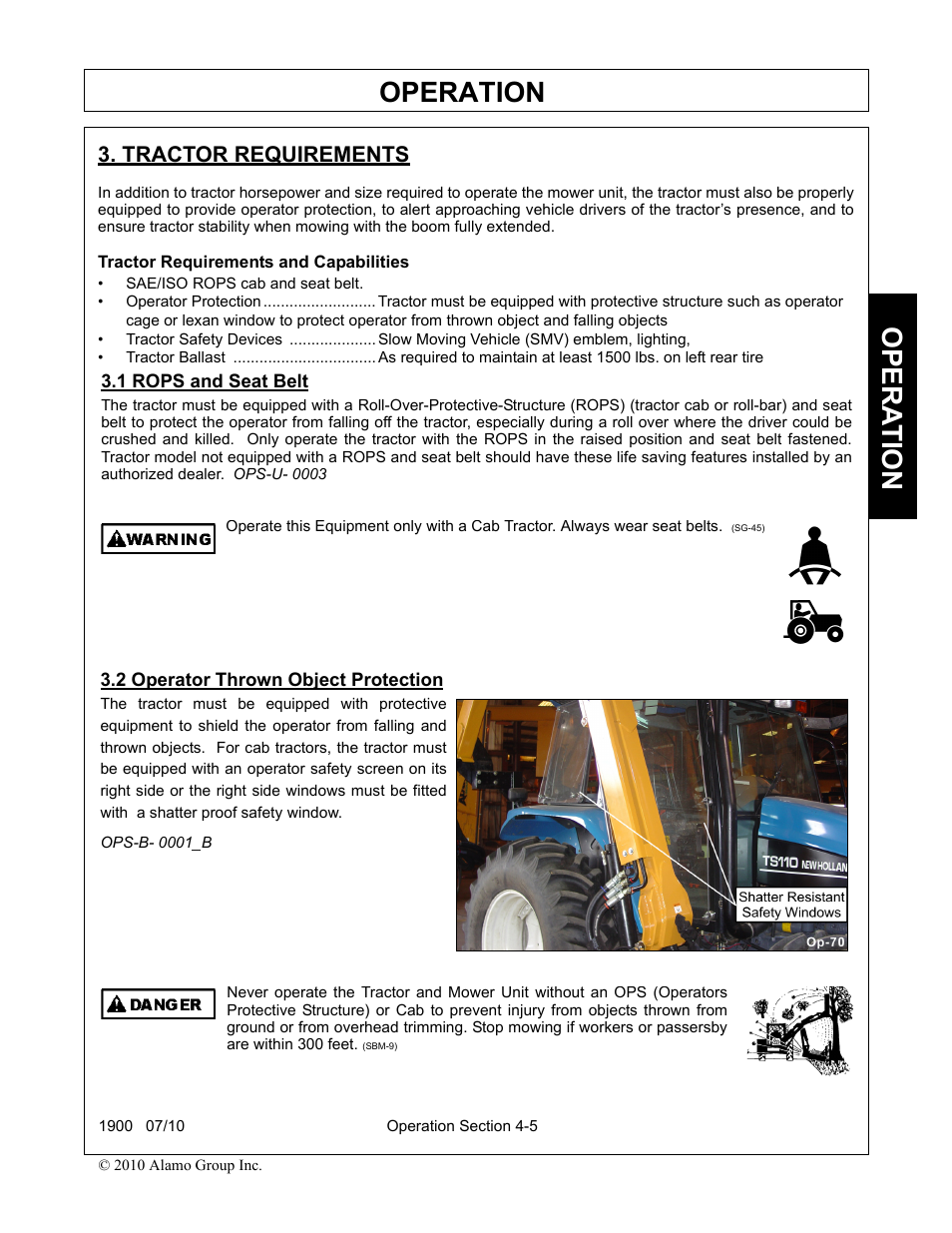 Tractor requirements, Tractor requirements and capabilities, 1 rops and seat belt | 2 operator thrown object protection, Operation, Opera t ion | Servis-Rhino 1900 User Manual | Page 103 / 154