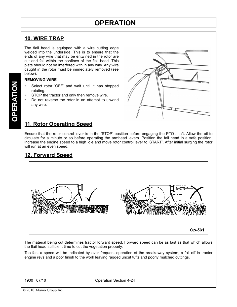 Wire trap, Rotor operating speed, Forward speed | Operation, Opera t ion | Servis-Rhino 1900 User Manual | Page 122 / 154