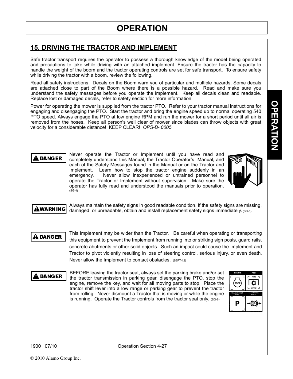 Driving the tractor and implement, Driving the tractor and implement -27, Operation | Opera t ion | Servis-Rhino 1900 User Manual | Page 125 / 154