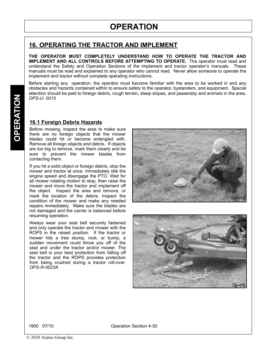 Operating the tractor and implement, 1 foreign debris hazards, Operation | Opera t ion | Servis-Rhino 1900 User Manual | Page 128 / 154