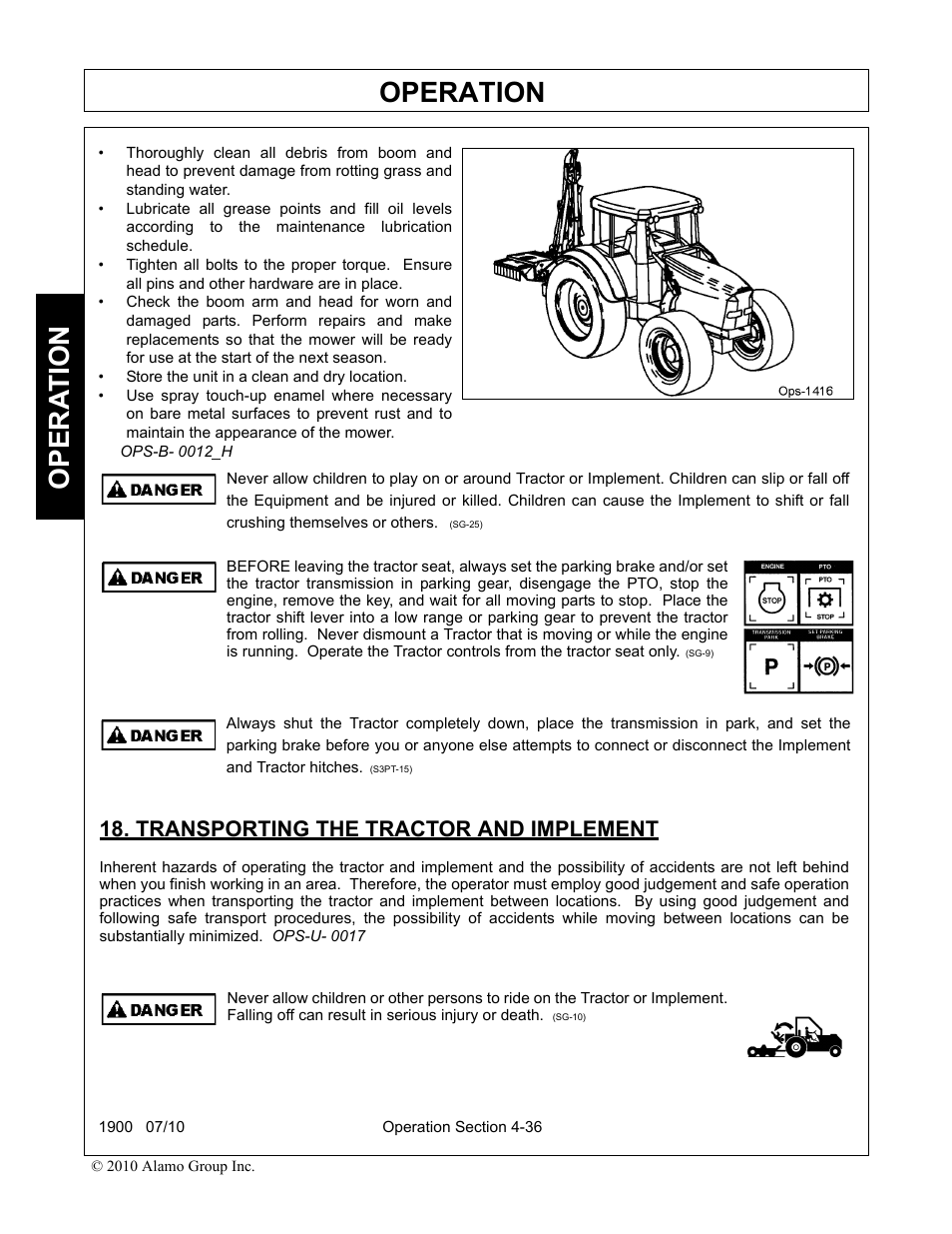 Transporting the tractor and implement, Transporting the tractor and implement -36, Operation | Opera t ion | Servis-Rhino 1900 User Manual | Page 134 / 154