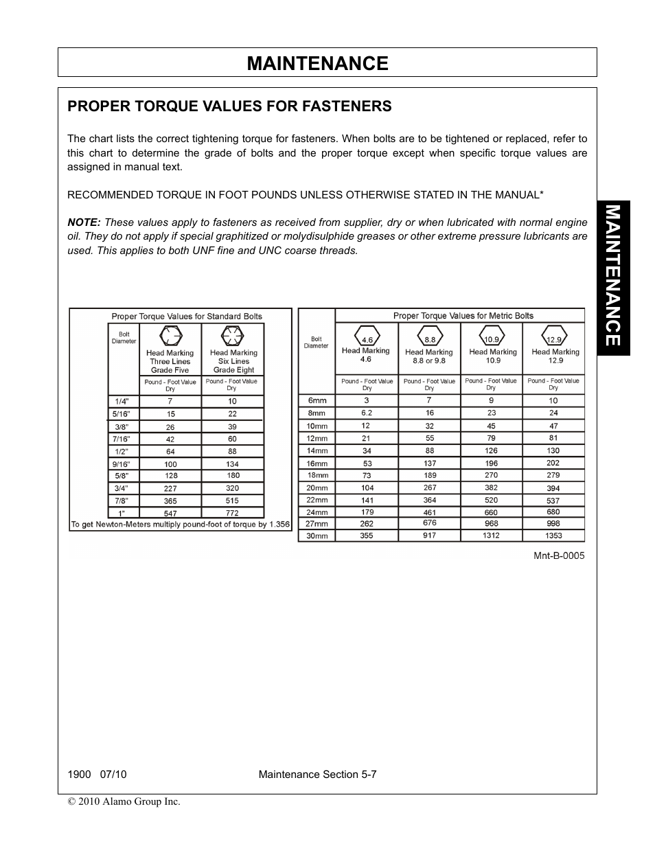 Proper torque values for fasteners, Proper torque values for fasteners -7, Maintenance | Servis-Rhino 1900 User Manual | Page 151 / 154