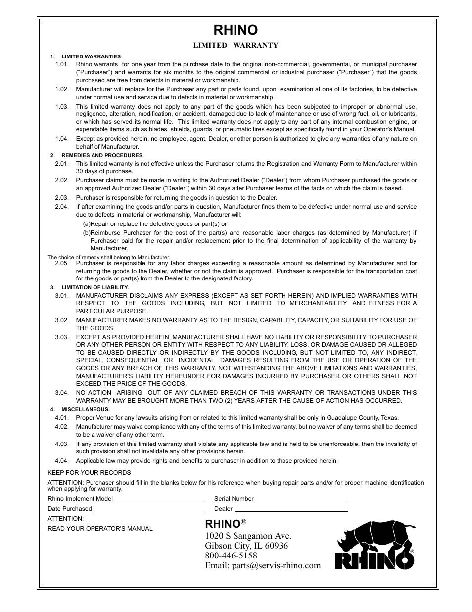 Rhino, Limited warranty, Limited warranties | Remedies and procedures, Limitation of liability, Miscellaneous | Servis-Rhino 1900 User Manual | Page 152 / 154