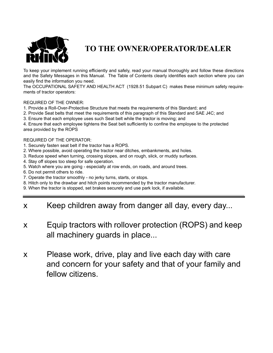 To the owner/operator/dealer | Servis-Rhino 1900 User Manual | Page 153 / 154