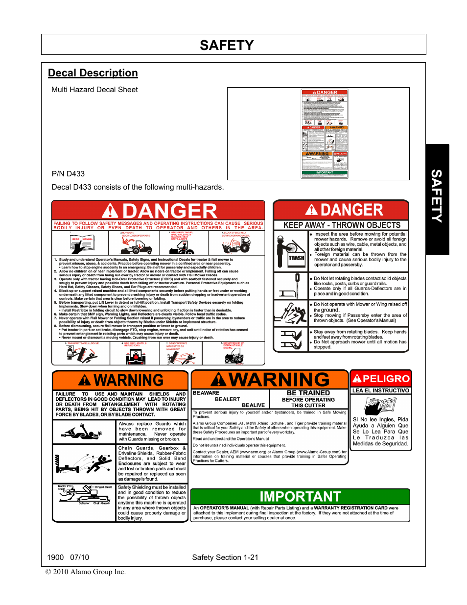Decal description, Decal description -21, Safety | Servis-Rhino 1900 User Manual | Page 27 / 154