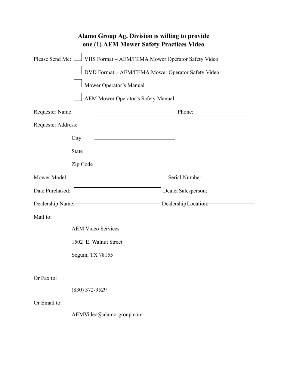 Alamo group ag. division is willing to provide, One (1) aem mower safety practices video | Servis-Rhino 1900 User Manual | Page 4 / 154