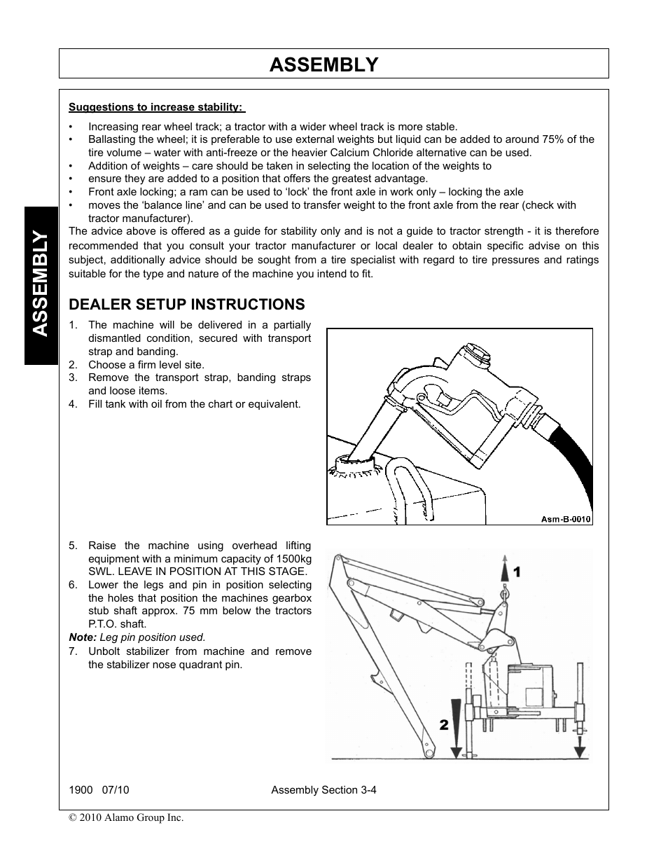 Dealer setup instructions, Choose a firm level site, Fill tank with oil from the chart or equivalent | Dealer setup instructions -4, Assembly, Assembl y | Servis-Rhino 1900 User Manual | Page 88 / 154
