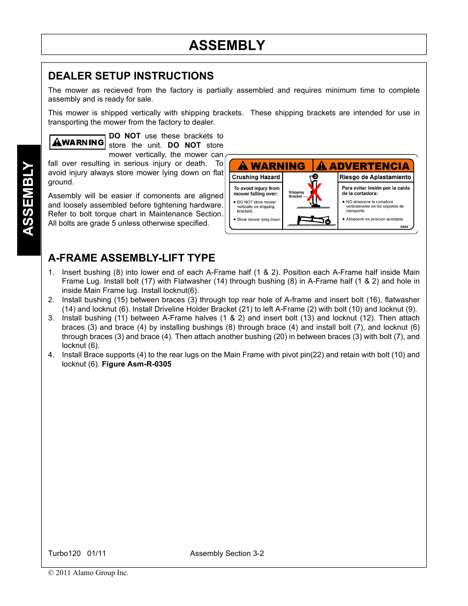 Dealer setup instructions, A-frame assembly-lift type, Assembly | Assembl y | Servis-Rhino TURBO120 User Manual | Page 100 / 202