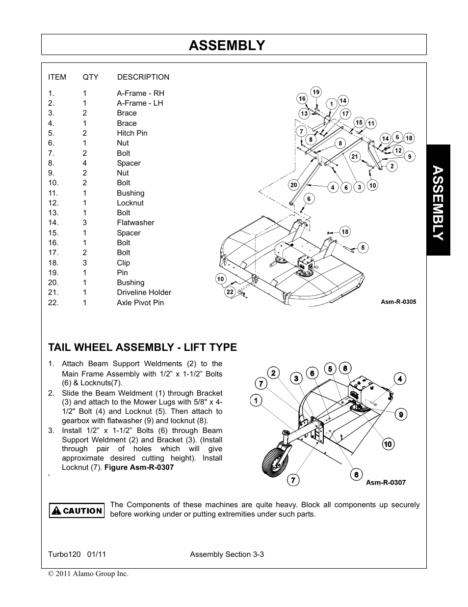 1 a-frame - rh, 1 a-frame - lh, 2 brace | 1 brace, 2 hitch pin, 1 nut, 2 bolt, 4 spacer, 2 nut, 1 bushing | Servis-Rhino TURBO120 User Manual | Page 101 / 202
