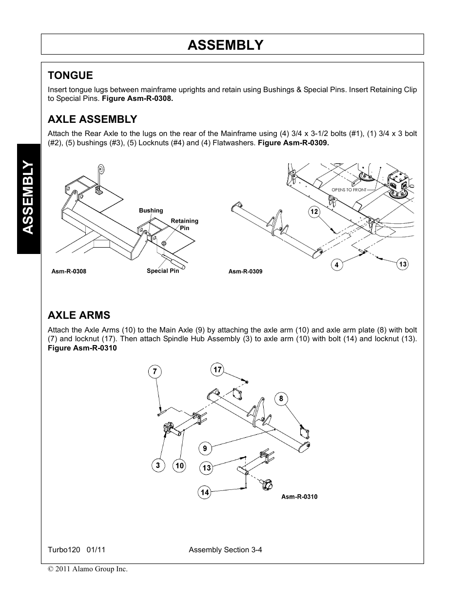 Tongue, Axle assembly, Axle arms | Tongue -4 axle assembly -4 axle arms -4, Assembly, Assembl y | Servis-Rhino TURBO120 User Manual | Page 102 / 202