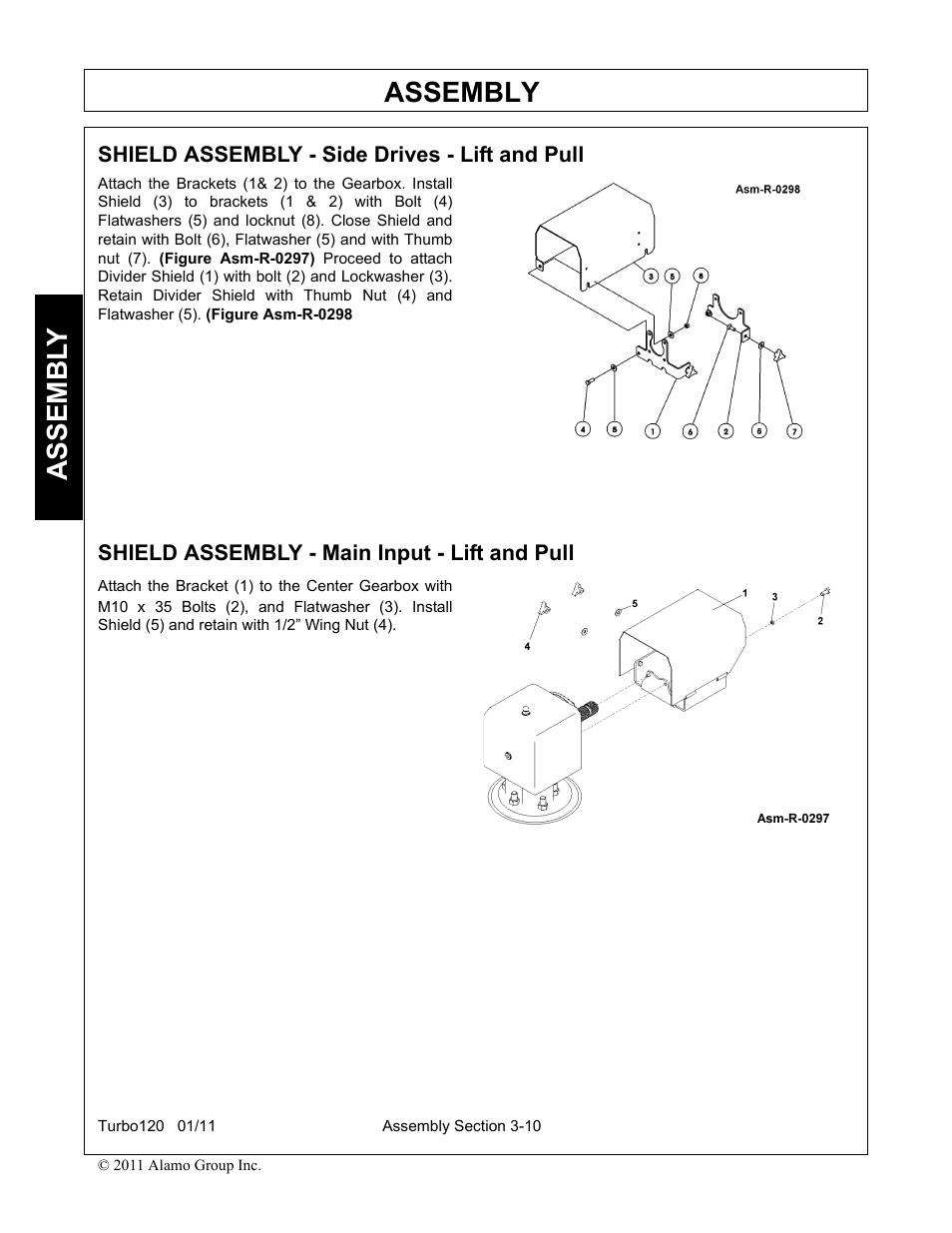 Shield assembly - side drives - lift and pull, Shield assembly - main input - lift and pull, Assembly | Assembl y | Servis-Rhino TURBO120 User Manual | Page 108 / 202