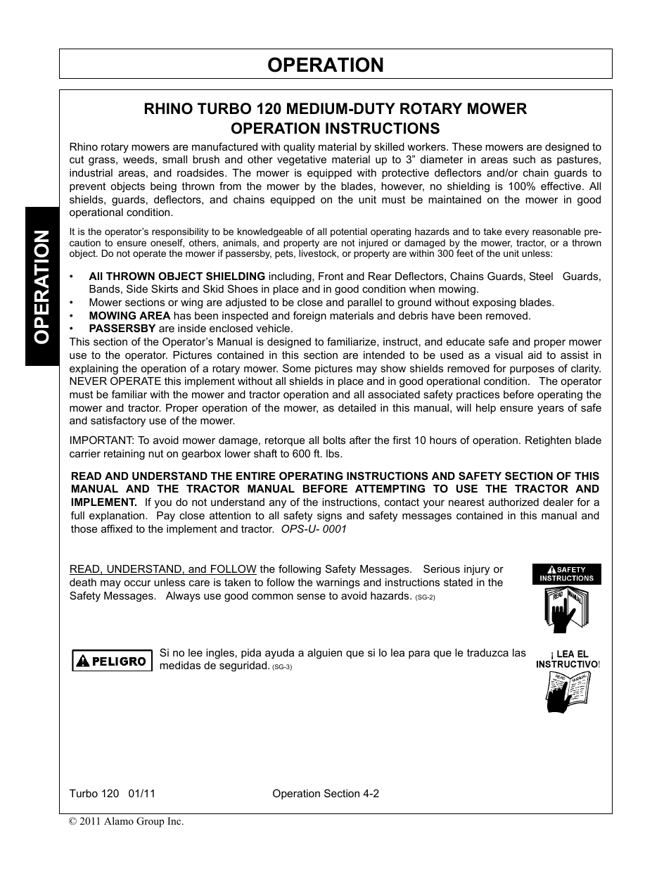 Rhino turbo 120 medium-duty rotary mower, Operation instructions, Operation | Opera t ion | Servis-Rhino TURBO120 User Manual | Page 112 / 202