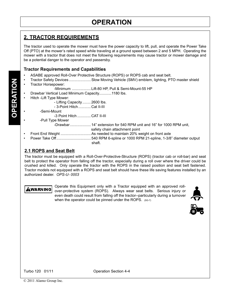 Tractor requirements, Tractor requirements and capabilities, 1 rops and seat belt | Tractor requirements -4 rops and seat belt -4, Operation, Opera t ion | Servis-Rhino TURBO120 User Manual | Page 114 / 202